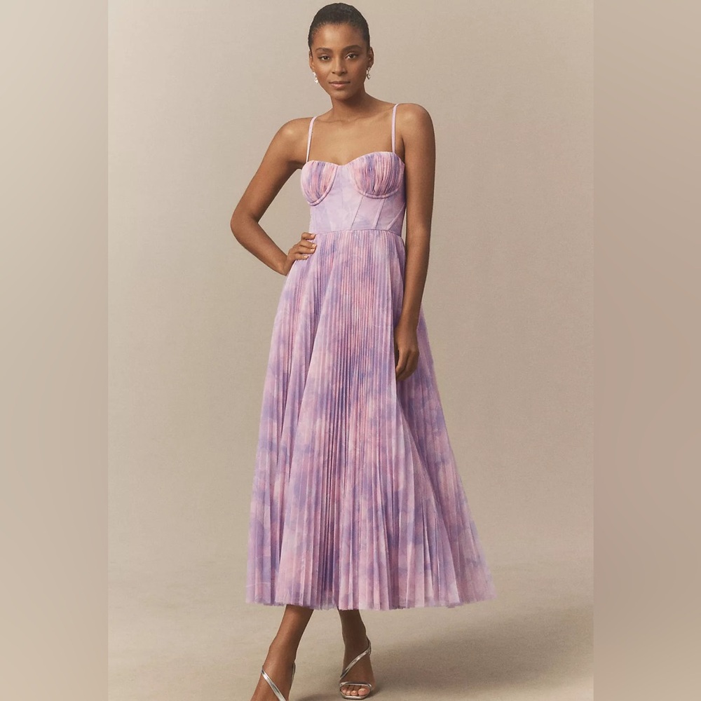 NWOT Hutch “Amara” Corset Pleated Tulle Fit and Flare Midi Dress in Pink Sz 12